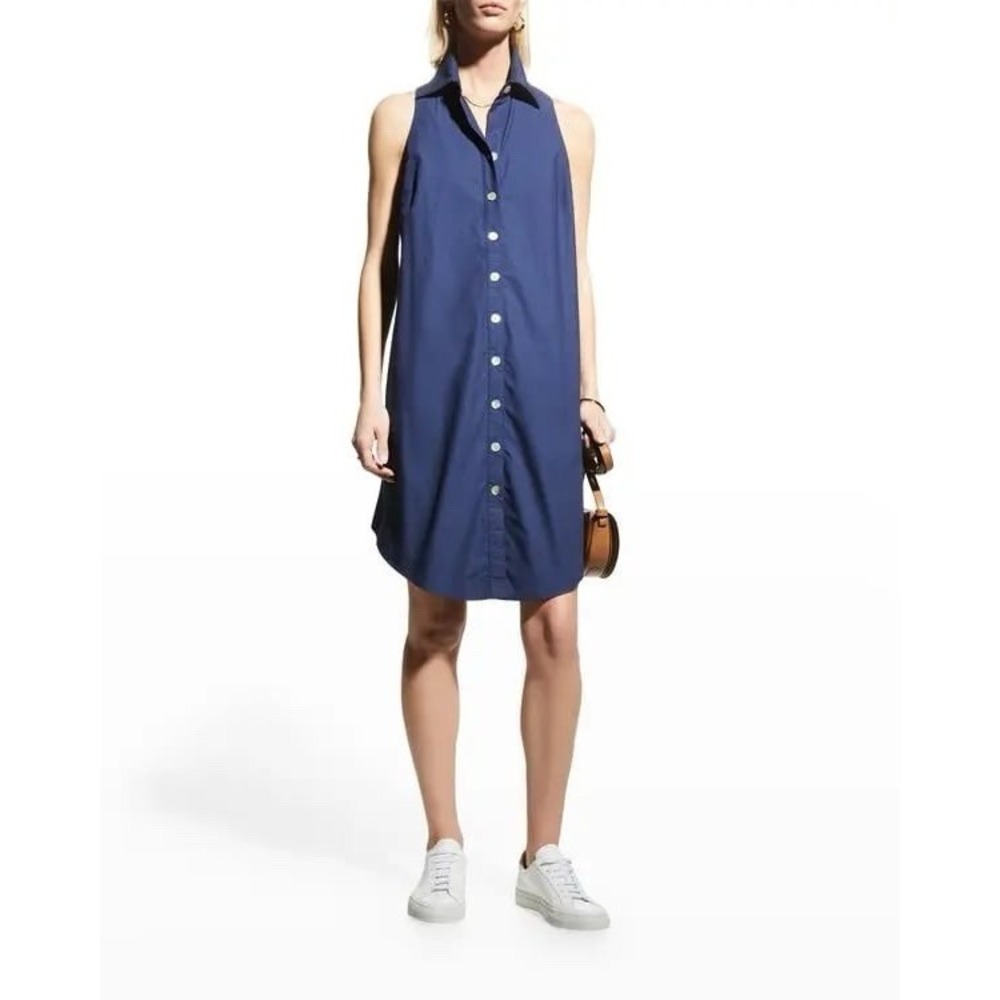 Finley S Sleeveless Crisp Cotton Blend Poplin Swing Dress Navy Blue Collared NEW